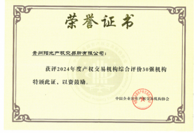 喜訊！貴州陽光產(chǎn)權(quán)交易所獲得2024年度全國(guó)產(chǎn)權(quán)交易機(jī)構(gòu)2項(xiàng)30強(qiáng)榮譽(yù)